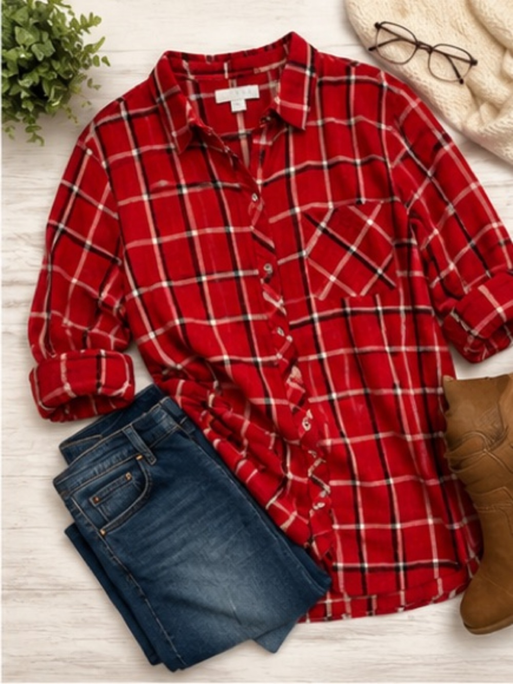 J. Jill Large Red Plaid 100% Cotton Button Front Tunic Shirt Long Sleeve Flannel - Picture 3 of 8